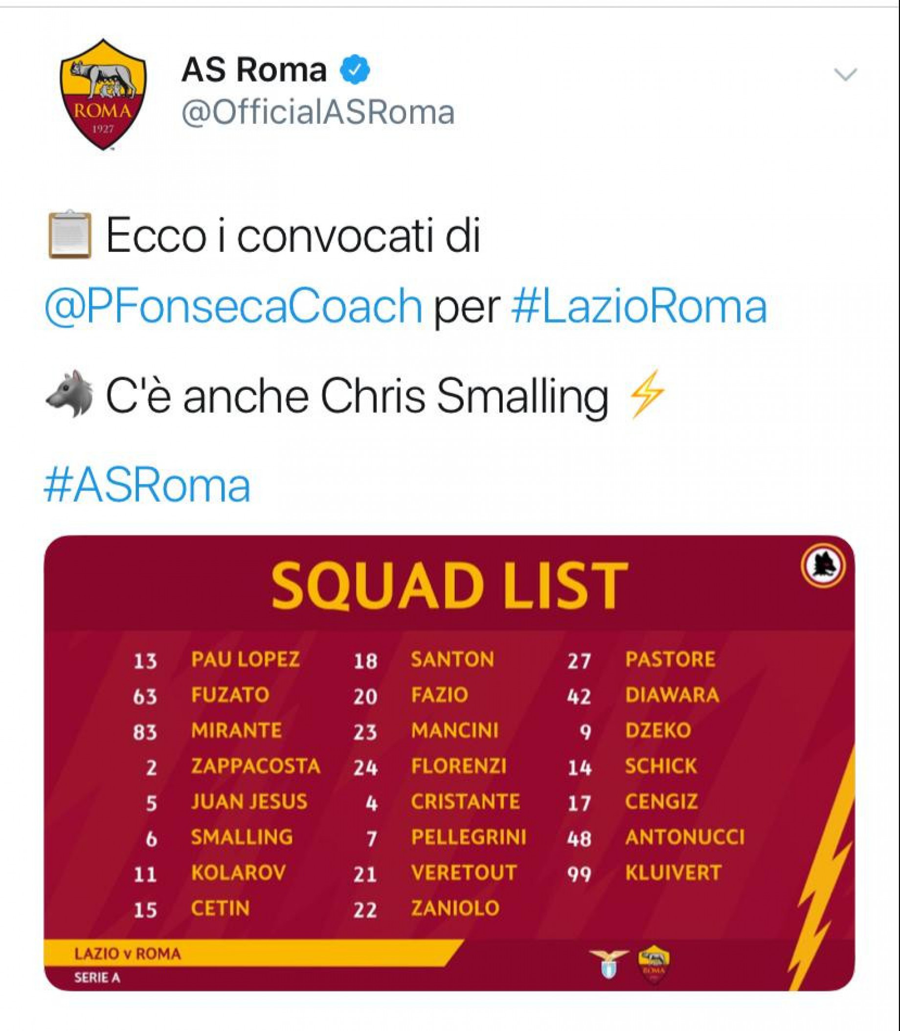 convocati roma lazio 31 agosto 2019 SCREEN